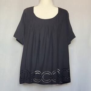 EyeShadow Womens Black Short Sleeve Peasant Top Blouse w/Eyelet Trim Sz: 3XL